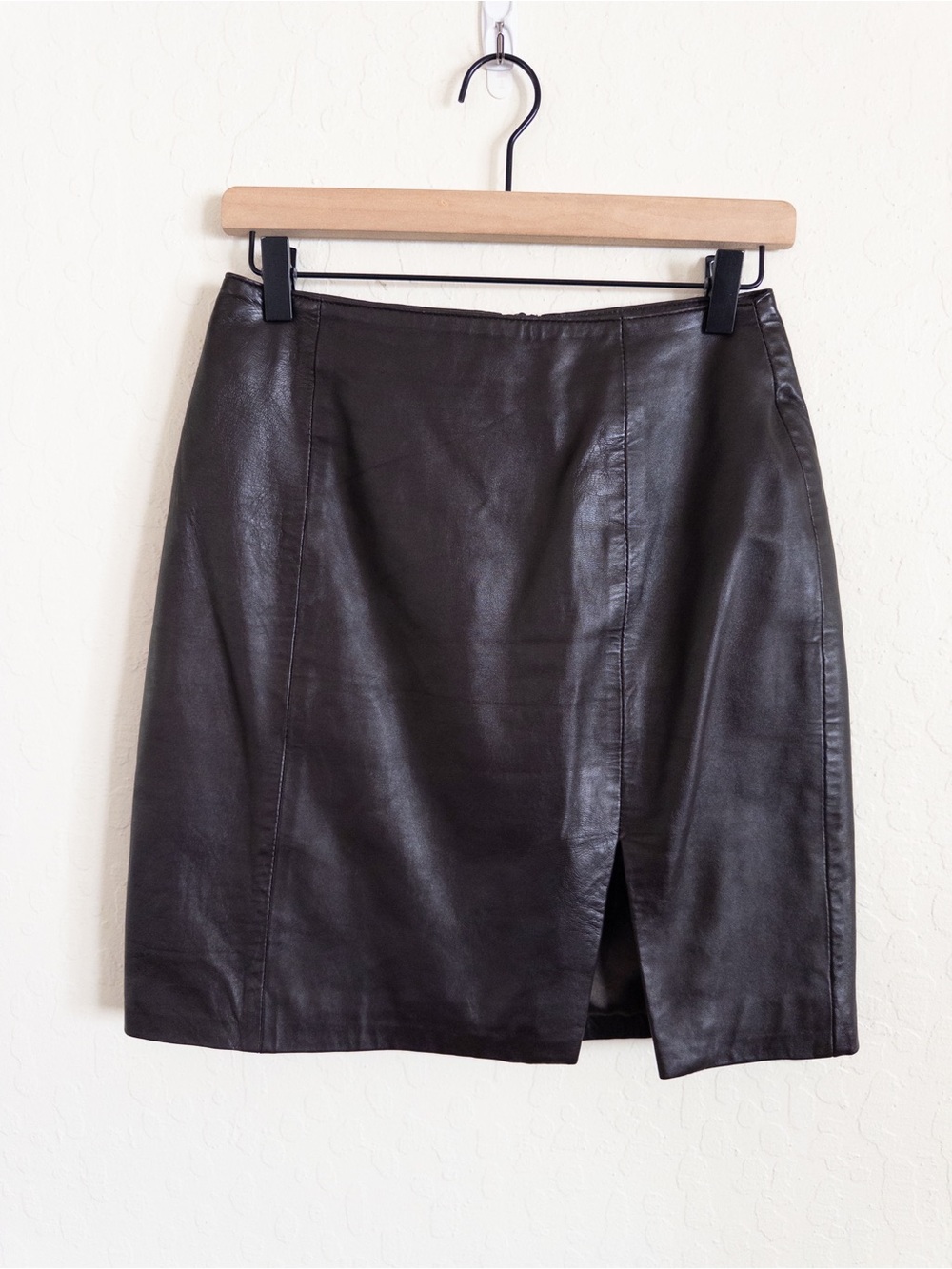 Vintage 90s Y2K Casual Corner Genuine Leather Dark Chocolate Brown Mini Skirt 6